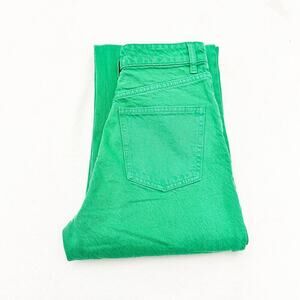 Zara Green Color Wide Leg Frayed Hem Denim Jeans Zip Fly Size 2